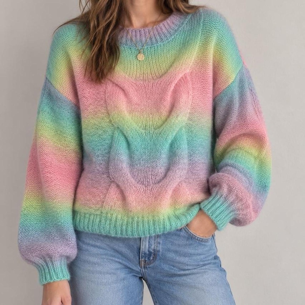 Woven Heart Bright Pastel Rainbow Cable Knit Sweater XS